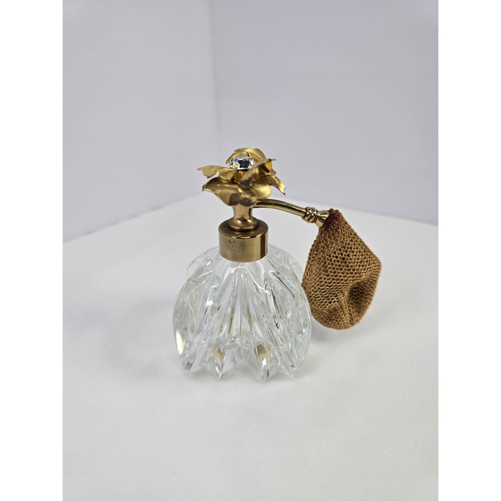 Vintage Irice Japan Crystal Perfume Bottle Gold Rose Rhinestone Atomizer Vanity